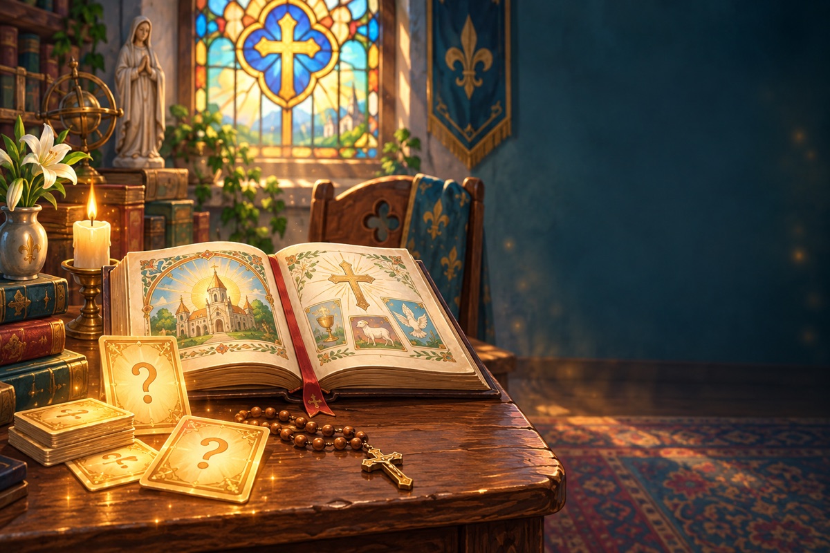 Open catechism book and question cards in a chapel study