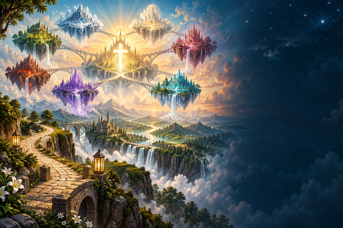 Seven luminous worlds connected by bridges around a cross-shaped gateway
