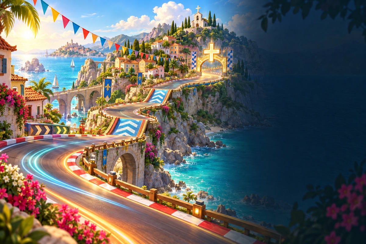 Colorful coastal kart track ending at a glowing cross gate