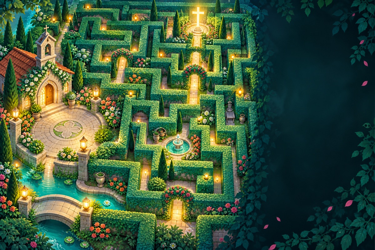 Garden maze with glowing paths leading to a cross