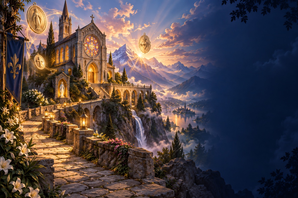 Luminous sanctuary and mountain path for the Saints adventure